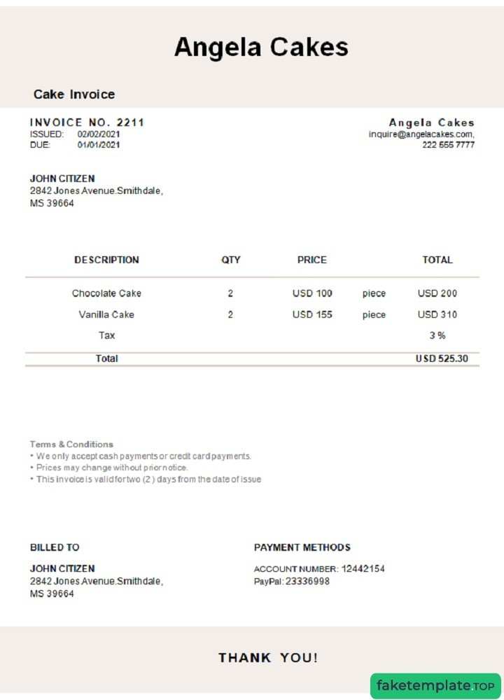 Feature of fake USA Angela Cakes invoice example